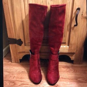 Red tall faux suede boots